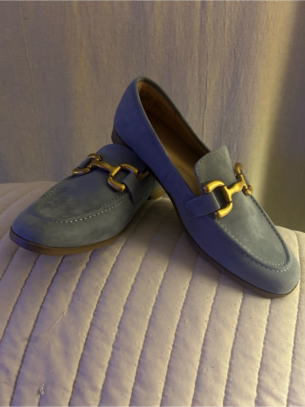 Time and Tru Blue Suede Loafers with Gold Buckle
